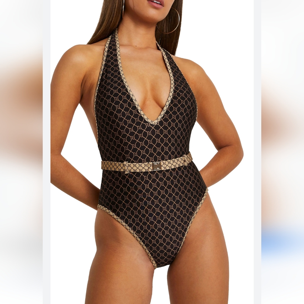 River Island Deep V-neck Halter Belted Monogram One-Piece Swimsuit
